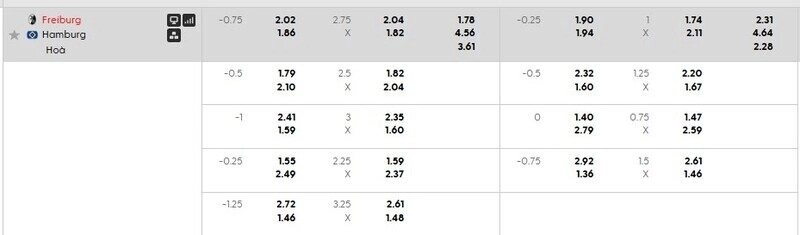 Bảng tỷ lệ kèo Freiburg vs Hamburger SV